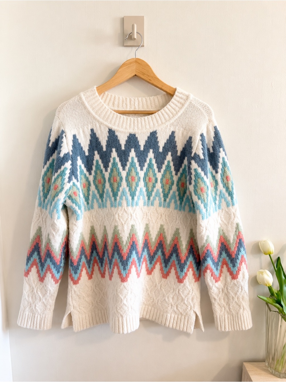 Talbots Petite Fair Isle Cable Knit Sweater Women’s LP Ivory Blue